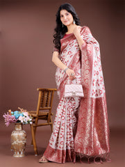 White & Maroon Woven Linen Cotton Saree with Rich Zari Border – Soft Festive Wear Saree for Women
