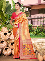 Kanjivaram Silk Saree for Women Yellow Wedding Wear with Red Blouse Rich Zari Woven Design Saree