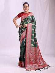 Banarasi Silk Saree with Silver Zari Border & Paisley Design - Festive Wedding Wear | Elegant Traditional Pallu | Soft Silk Finish for Women | Cultural Ethnic Saree