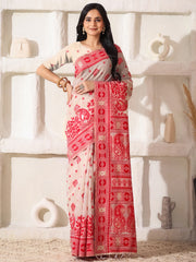 Elegant Woven Linen Cotton Saree for Durga Puja & Diwali | Ethnic Motif Design with Rich Zari Border | Soft, Breathable, Festive-Ready Traditional Drape