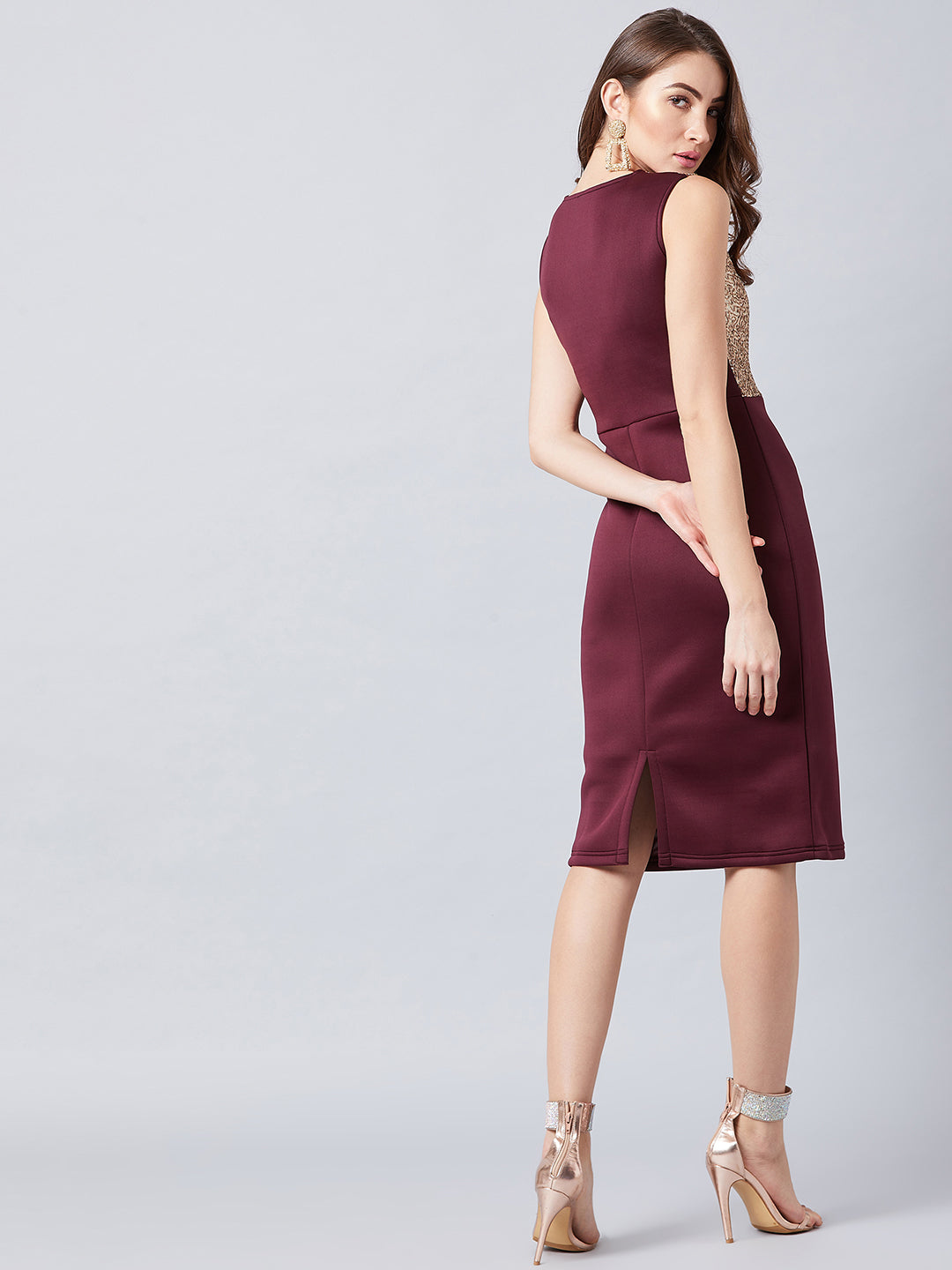 Burgundy & Brown Embellished Sheath Dress