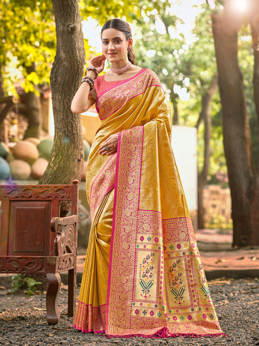 Traditional Kanjivaram Silk Saree in Yellow with Grand Zari Pallu and Matching Blouse