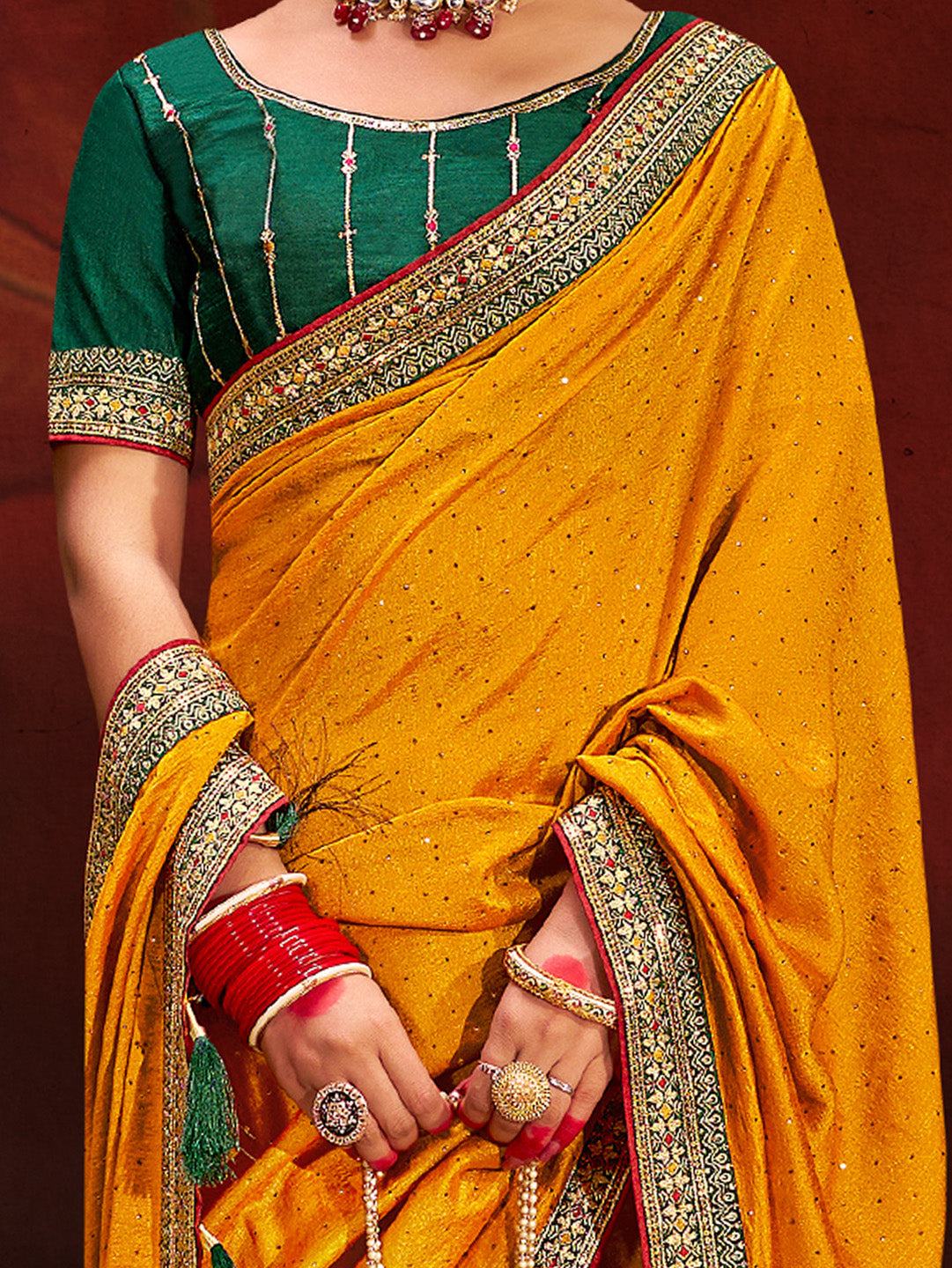 Women's Vichitra Silk Yellow Embellished Designer Saree With Blouse Piece