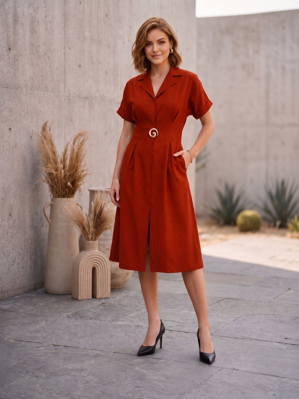 Rust Lapel Collar Embellished Dress-ADR-21218