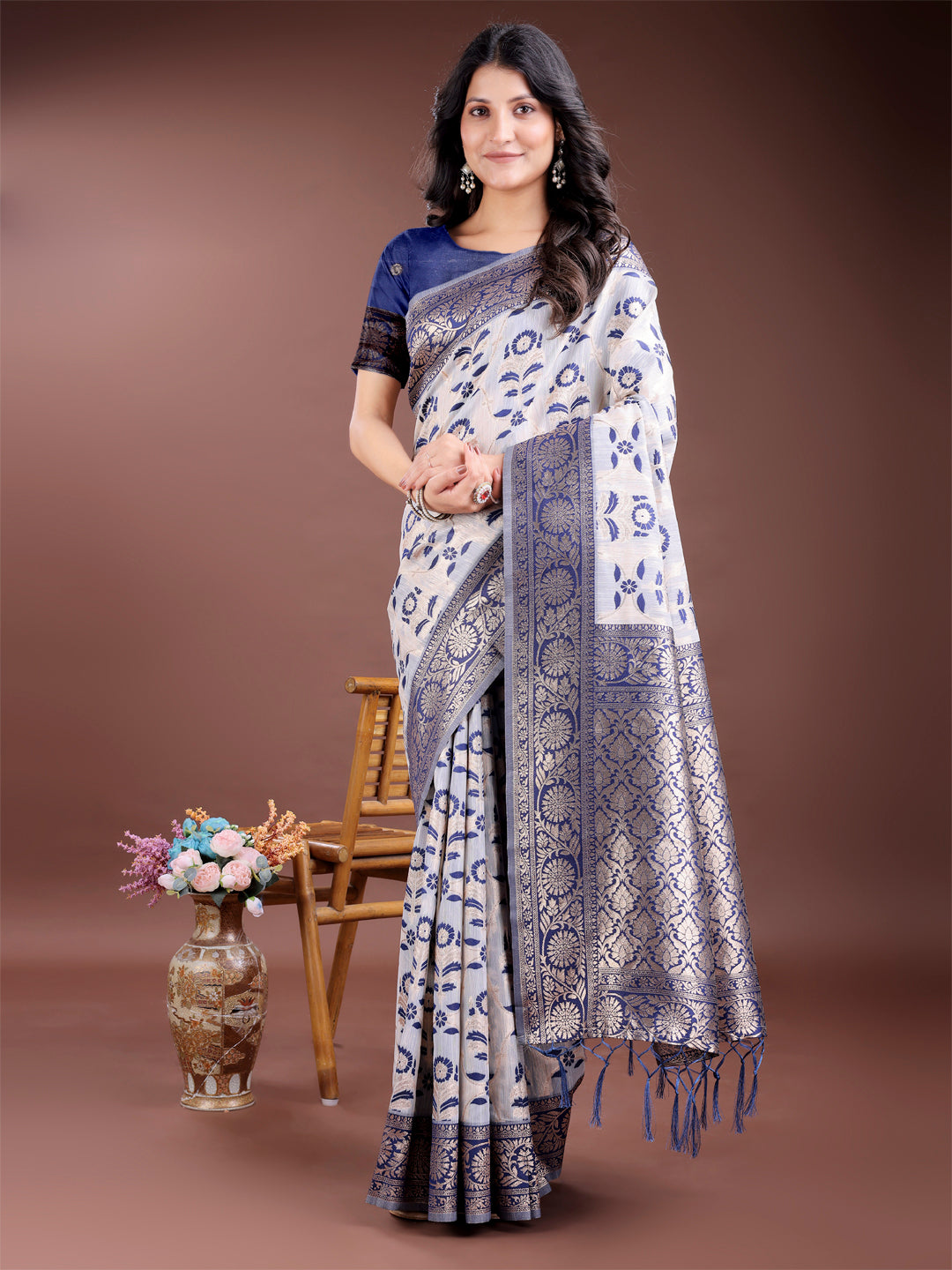 Woven Linen Cotton Saree with Rich Zari Border - Soft Festive Wear Saree for Women