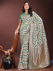 Elegant Pink & Cream Linen Saree with Geometric Design and Zari Border – Festive & Party Wear