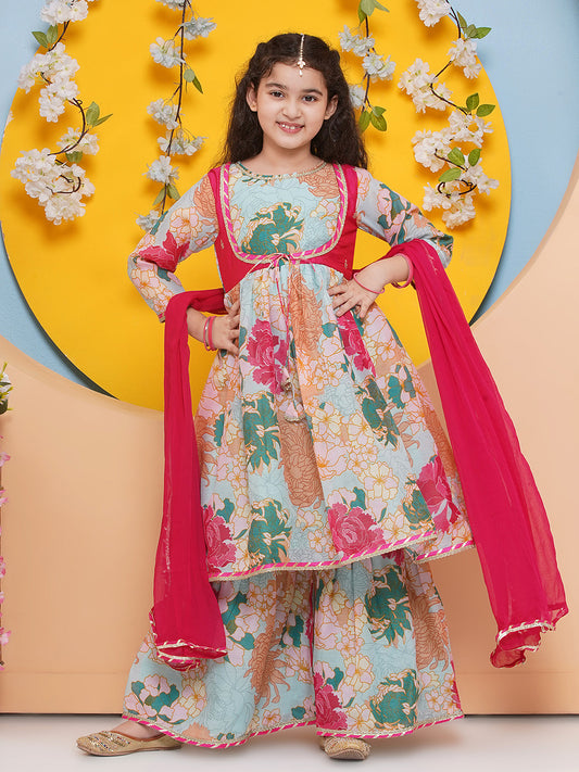 Girls Sea Green Multi Printed Jacket Style kurta with Sharara With dupatta