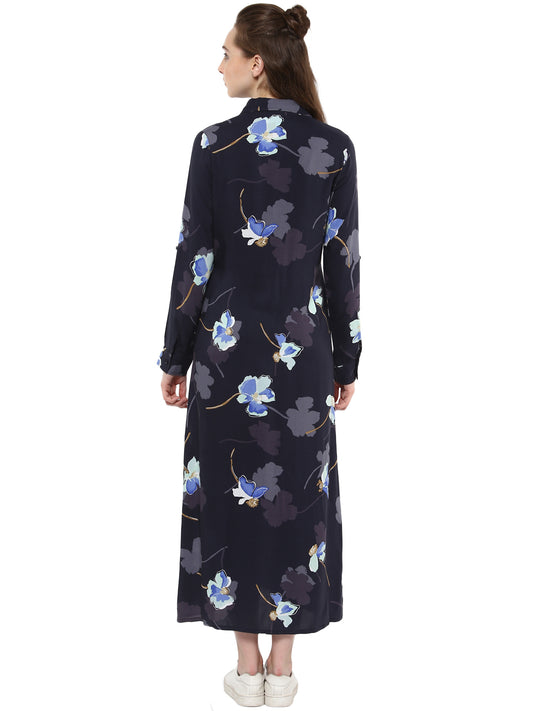 Women's Navy Blue Dress with Waist Pleats