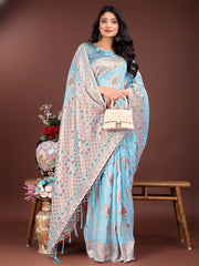 Elegant Sky Blue Linen Saree with Intricate Woven Patterns – Lightweight Grace for Everyday and Festive Moments