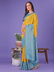 Vibrant Yellow & Blue Lichi Silk Saree with Rich Woven Border and Contrast Blouse – Festive & Wedding Wear