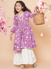 cotton Woven Three-Quarter Sleeves Floral Print Flared Kurta And Sharara Set - Purple