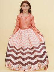 Girls Peach & Brown Zig Zag Flower Digital Print Choli Ready to wear Lehenga
