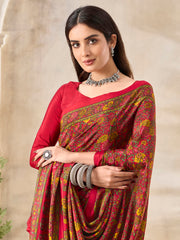 ساري نسائي أحمر مطبوع من الكريب مع قطعة بلوزة