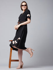 Women Black Embroidered Wrap Dress
