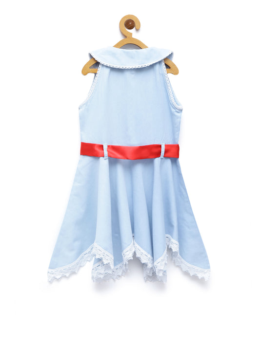 Girls Denim Asymmetrical Hemline Dress with Red Belt