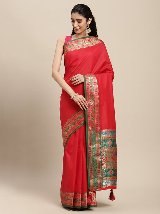 Ethnic Navy Blue Party Wear Saree with Rich Pallu and Contrast Red Zari Border