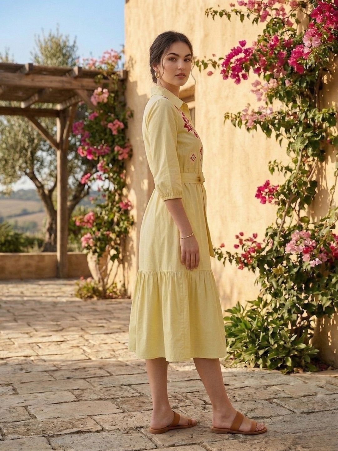 Yellow Embroidered Cotton Shirt Dress-ADR-22014