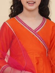Solid Three-Fourth Sleeves Above Knee Length Silk Kurta & Trousers With Dupatta - Orange