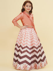Girls Peach & Brown Zig Zag Flower Digital Print Choli Ready to wear Lehenga