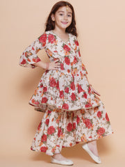 Silk blend Woven Three-Quarter Sleeves Floral Print Flared Kurta And Sharara Set - Offwhite