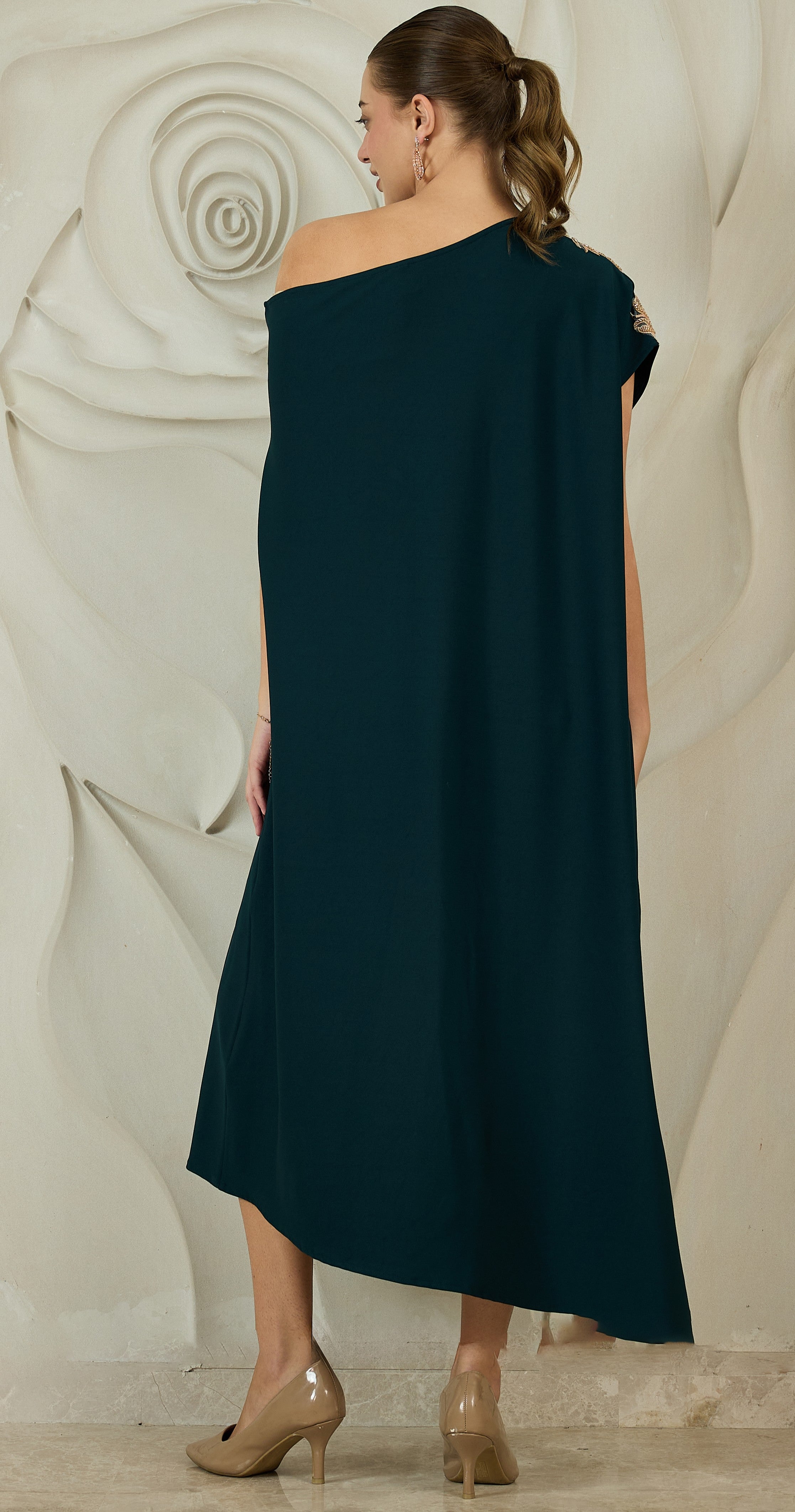 Embellished One-Shoulder Kaftan Maxi Dress