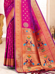 Pink Kanjivaram Silk Saree with Golden Zari and Colorful Peacock Woven Pallu Design