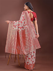 Stunning Beige & Red Linen Saree with Floral Print and Rich Zari Pallu – Festive & Traditional Wear