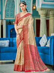 Yellow Red Linen Cotton Saree with Rich Zari Border Festive Wear Saree for Wedding and Party