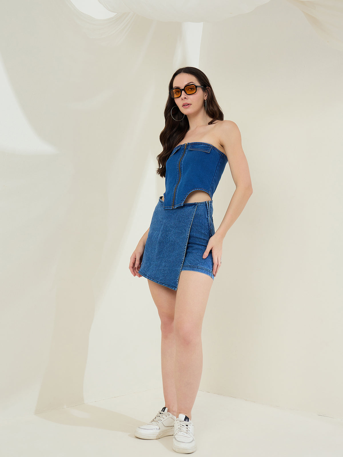Women's Blue Denim Off Shoulder  Crop Top