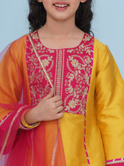 Solid Three-Fourth Sleeves Above Knee Length Silk Kurta & Trousers With Dupatta - Yellow