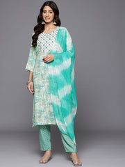 Women Tourquoise Blue  Round Neck Embroidered Yoke Printed Kurta Paired With Printed Bottom & Tie-Dye Dupatta