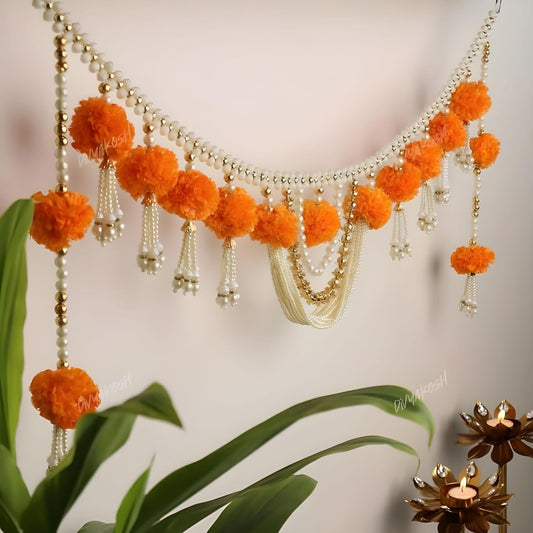 Fabric Marigold Flower With Moti Toran, Bandarwal Door Hanging, 94 Cm