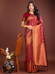Teal Blue Linen Cotton Saree with Golden Zari Leaf Woven Design & Rich Pallu – Festive Wear | Office Look | Soft Drape