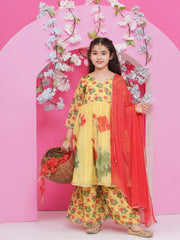 Girls Yellow Floral Printed Angrakha Kurta with Sharara with dupatta