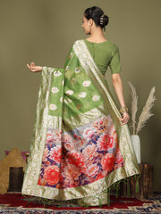 Green Floral Linen Cotton Saree with Zari Border & Digital Printed Pallu – Elegant Sari for Festive Occasions