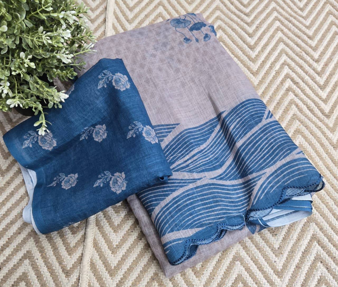 Soft linen saree with shaded style prints and cutwork