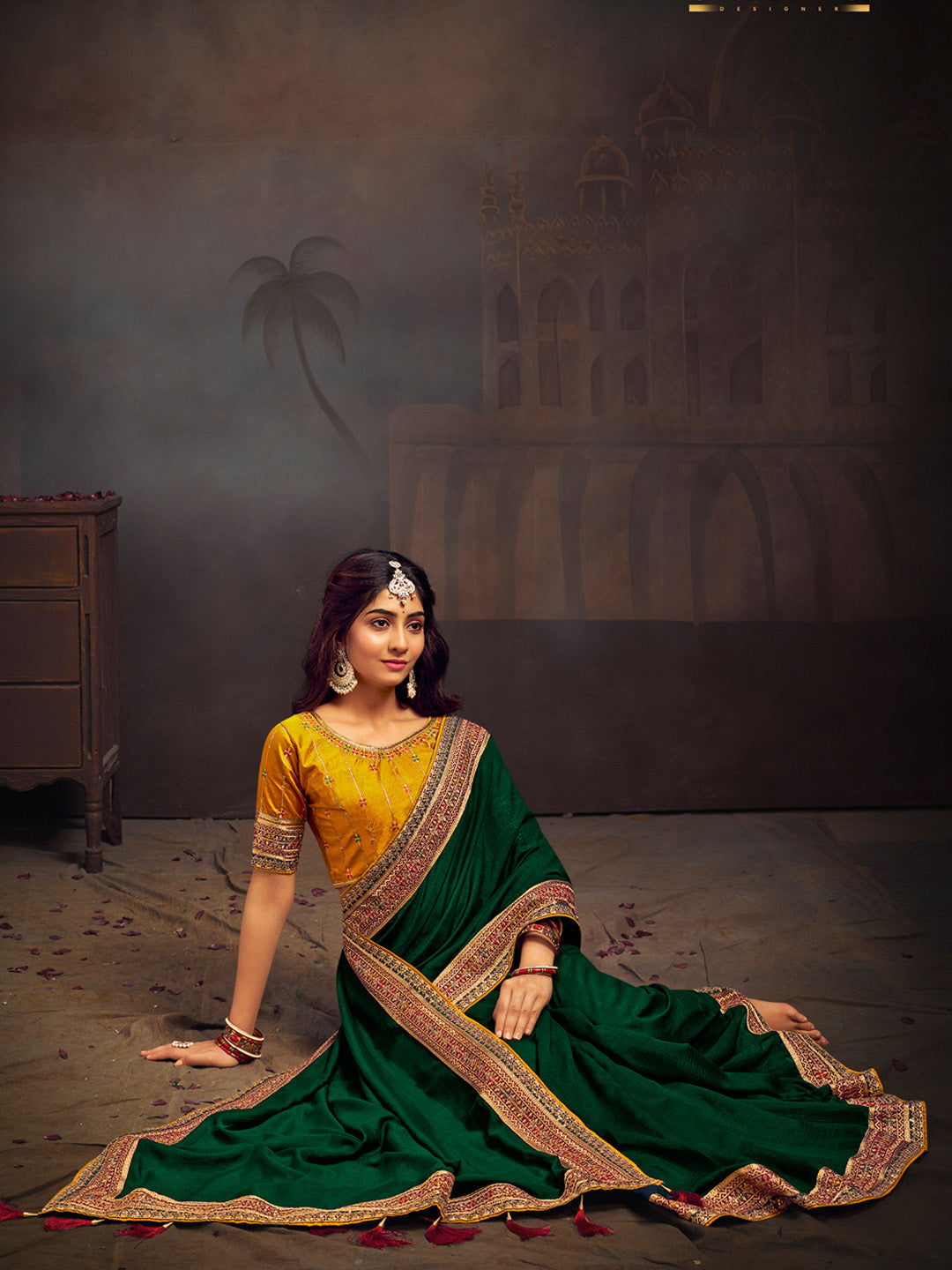 Women's Vichitra Silk Green Embroidered Designer Saree With Blouse Piece