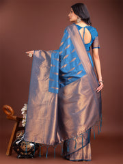 Teal Blue Linen Cotton Saree with Golden Zari Leaf Woven Design & Rich Pallu – Festive Wear | Office Look | Soft Drape