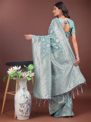 Elegant Sea Green Linen Cotton Saree with Silver Zari – Perfect Blend of Comfort & Charm