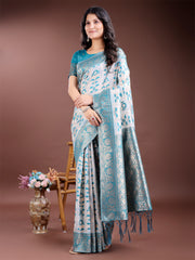 White & Maroon Woven Linen Cotton Saree with Rich Zari Border – Soft Festive Wear Saree for Women