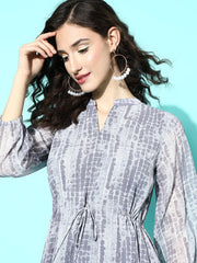 Varanga Women Grey Abstract Printed Mandarin Collar Dress With Three Quarter Sleeves