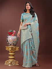 Elegant Orange Linen Cotton Saree with Floral Weave & Soft Gold Pallu – Graceful Choice for Casual, Office & Festive Looks