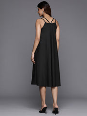 Varanga Women Black V Neck Criss Cross Strap A-Line  Dress