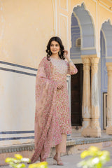 Women Pink Round Neck Floral Printed  Embroidered Kurta Paired With Bottom And  Dupatta