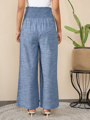 Women's Blue Self Design Smocked Waist Pants