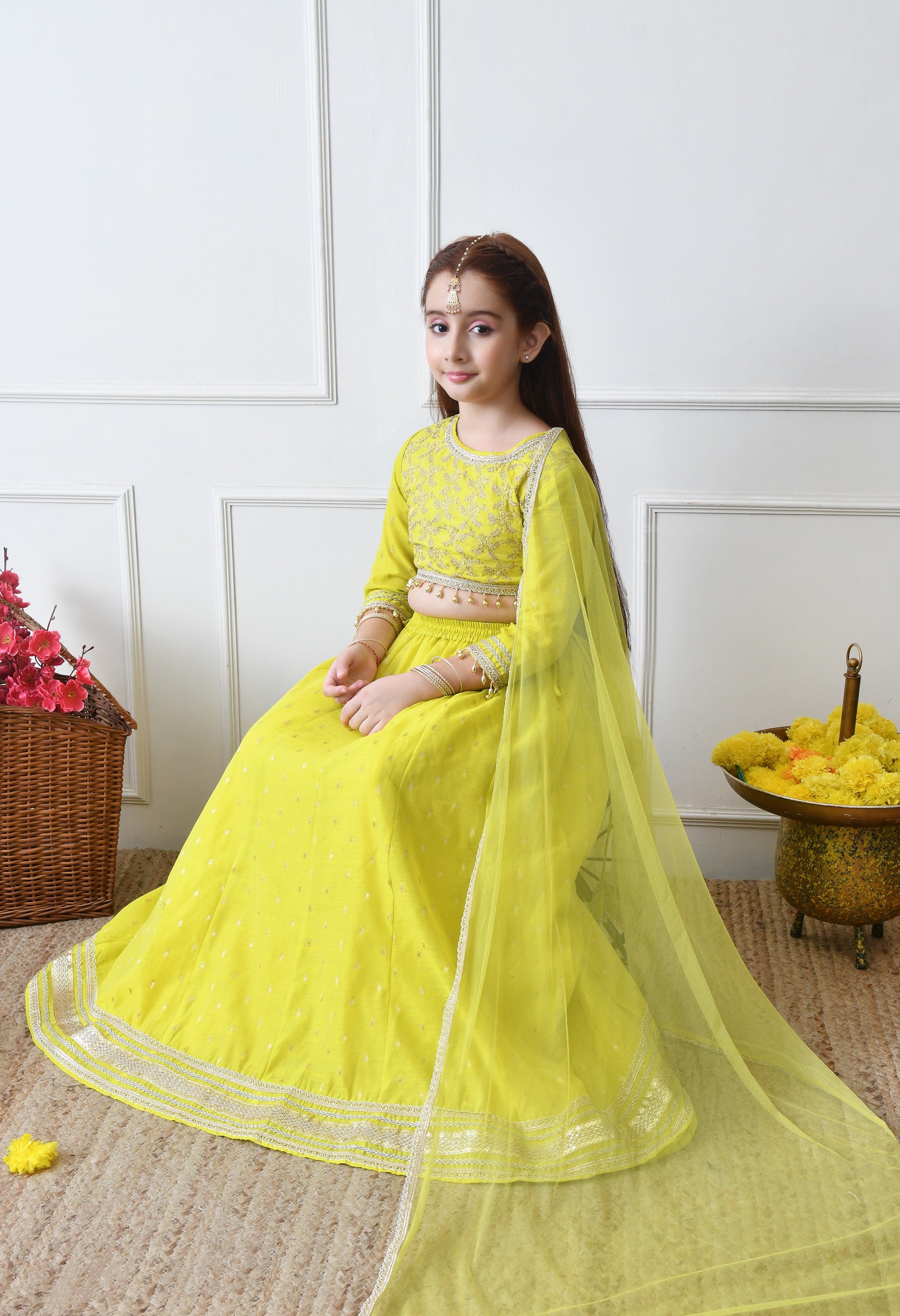 Girls Lime Green Embroidered Lehenga Choli Set with Net Dupatta