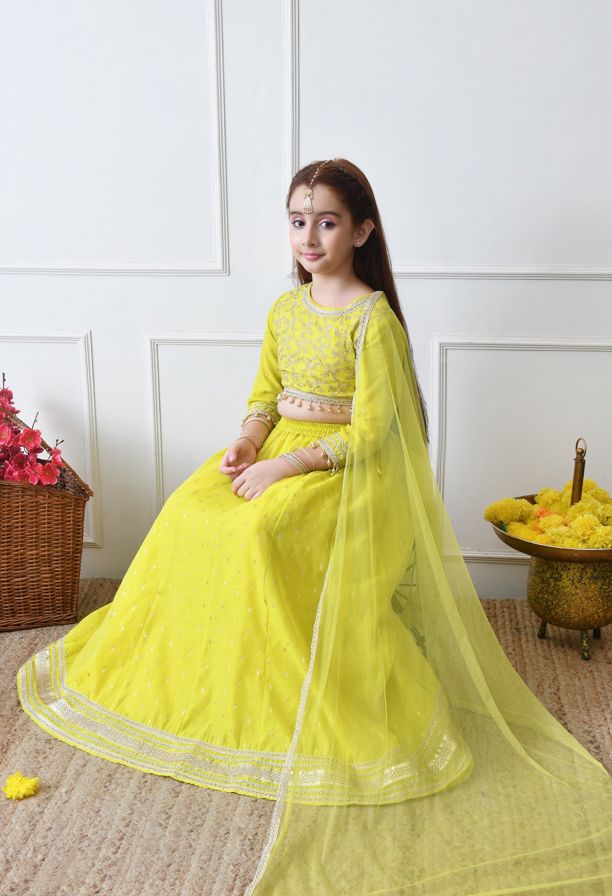 Girls Lime Green Embroidered Lehenga Choli Set with Net Dupatta