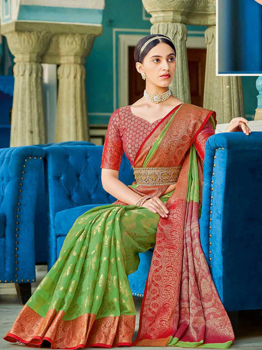 Yellow Red Linen Cotton Saree with Rich Zari Border Festive Wear Saree for Wedding and Party