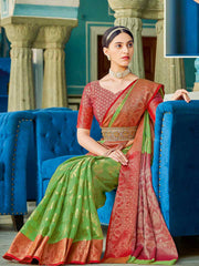 Yellow Red Linen Cotton Saree with Rich Zari Border Festive Wear Saree for Wedding and Party