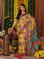 Off White Linen Cotton Saree with Multicolor Ethnic Print – Soft & Lightweight Saree for Festive, Daily, and Office Wear